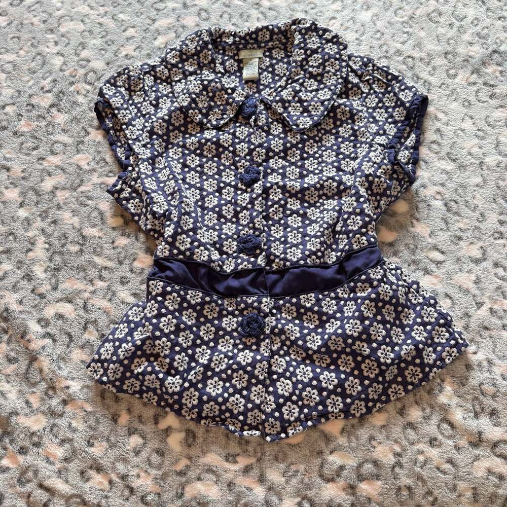Odille Anthropologie Blue Floral Embroidered Button-Up Peplum Top Size 6